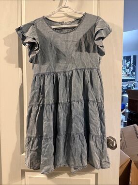 Girls Light Blue Tiered Ruffle Sleeve Casual Dress
